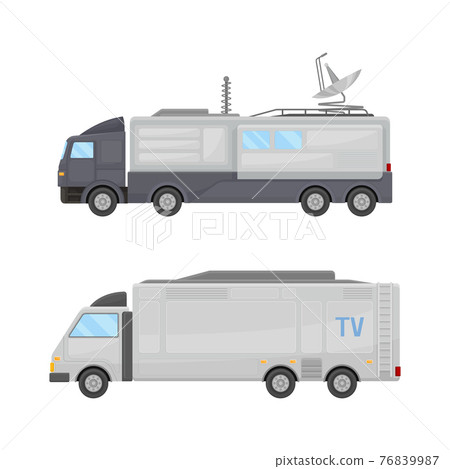 Broadcasting Car with Satellite Antenna for Reporting News Vector Set Broadcasting Car with Satellite Antenna for Reporting News Vector Set 76839987