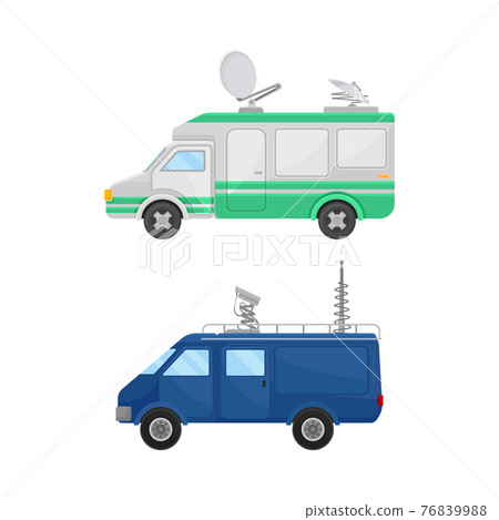 Broadcasting Car with Satellite Antenna for Reporting News Vector Set Broadcasting Car with Satellite Antenna for Reporting News Vector Set 76839988