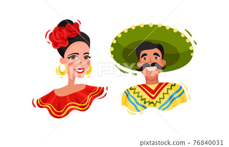 Woman with Red Flowers in Her Head and Moustached Man in Sombrero Hat as Native Mexican Apparel Vector Set 76840031