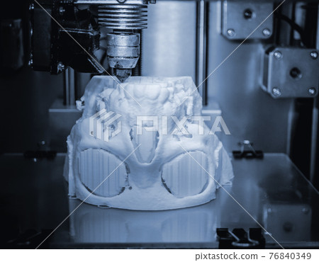 3D printer prints the form of molten plastic white. 3D printer prints the form of molten plastic white. 76840349