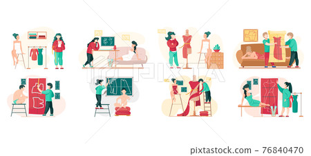 Set of illustrations about tailoring to order. People in swimsuits look at clothes in atelier 76840470