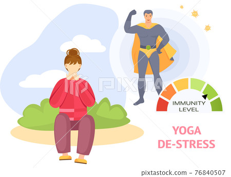 Creative poster with woman doing yoga and meditating in park. Increase immunity level with sports 76840507