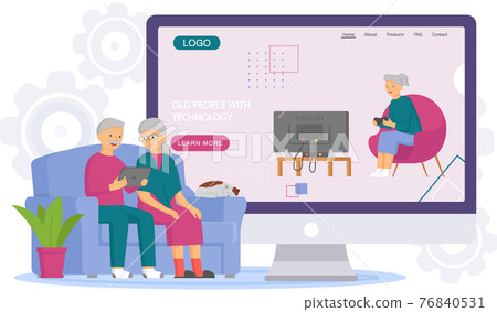 Elderly parents sitting at computer and talking to daughter. Online communication via Internet 76840531
