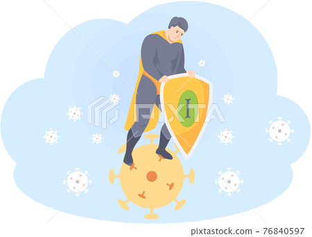 Battle looser superhero as symbol of human immunity succumb to illness. Hero stands on coronavirus Battle looser superhero as symbol of human immunity succumb to illness. Hero stands on coronavirus 76840597