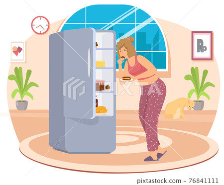 Woman eats cake from refrigerator. Female character is stealing pie on sly. Unhealthy eating habit Woman eats cake from refrigerator. Female character is stealing pie on sly. Unhealthy eating habit 76841111