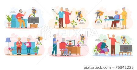 Old people play video game. Senior people with different gadgets. Oldster education on computer Old people play video game. Senior people with different gadgets. Oldster education on computer 76841222