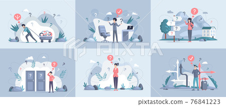 Making confusion. Doubts woman surrounded by question marks. Questions dilemma situations Making confusion. Doubts woman surrounded by question marks. Questions dilemma situations 76841223