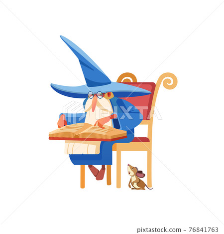 Wizard reading a spell book. Old medieval magician character studying an old book on a chair. The alchemist sits next to a faithful friend mouse. Fantasy magician, warlock, sorcerer. Cartoon vector. 76841763
