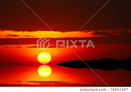 reflection sunset on the evening light cloud on the sky and silhouette birds flying reflection sunset on the evening light cloud on the sky and silhouette birds flying 76841997