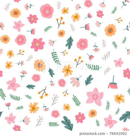 Vector floral pattern in doodle style with flowers and leaves. Gentle, spring floral background. Vector floral pattern in doodle style with flowers and leaves. Gentle, spring floral background. 76842092