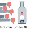 People show Thumbs down dislike for depressed and sad man in a big bottle of alcohol drink. Alcoholic addicted to Flat style concept vector illustration on white vector 76842303