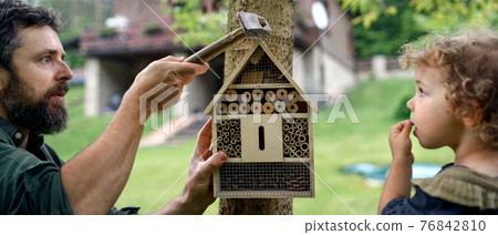 Small girl with father holding bug and insect hotel in garden, sustainable lifestyle. Small girl with father holding bug and insect hotel in garden, sustainable lifestyle. 76842810