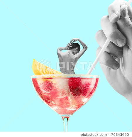 Contemporary art collage, modern design. Summer mood. Tender ballerina sitting on giant cocktail glass with berry drink 76843660