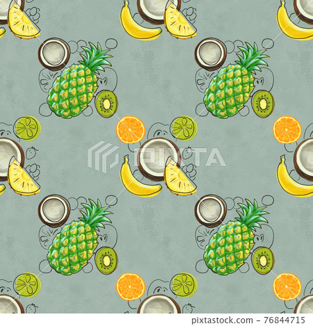 Hand drawn seamless pattern with bananas, orange, pineapples papaya and watermelon. Hand drawn seamless pattern with bananas, orange, pineapples papaya and watermelon. 76844715