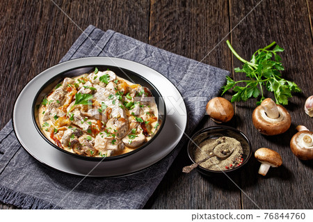 mushroom and calf liver stroganoff, top view 76844760