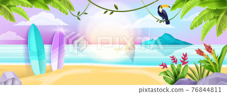 Summer beach landscape, exotic tropical nature background, surfboard, toucan, ocean, island  76844811