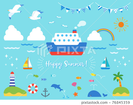 Summer sea and ship cute motif set (with background color) Summer sea and ship cute motif set (with background color) 76845359