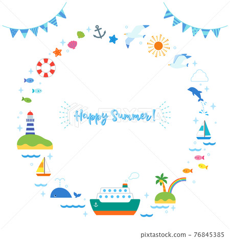 Summer sea and ship cute round frame Summer sea and ship cute round frame 76845385