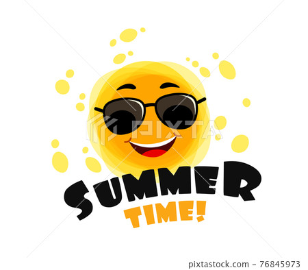 Funny sun with text Summer Time. Yellow Cute sunshine cartoon character. Funny sun with text Summer Time. Yellow Cute sunshine cartoon character. 76845973