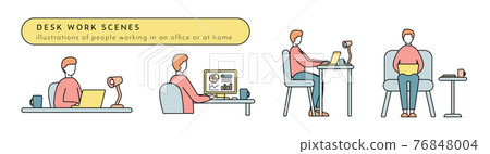 Desk work illustration set Male work Business PC Remote work PC Work Desk work illustration set Male work Business PC Remote work PC Work 76848004