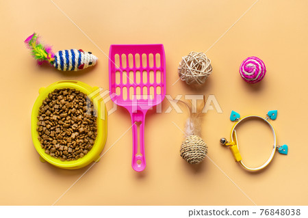 Dry food in bowl, spatula, nail scissors, grass, collar, balls, bones on beige background Top view Flat lay Toys, accessories and food for your beloved pet concept Dry food in bowl, spatula, nail scissors, grass, collar, balls, bones on beige background Top view Flat lay Toys, accessories and food for your beloved pet concept 76848038