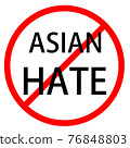Text ASIAN HATE is in red circle With red line projected through the circle. Stop ASIAN HATE. Text is in traffic sign. Isolated on white background. 76848803