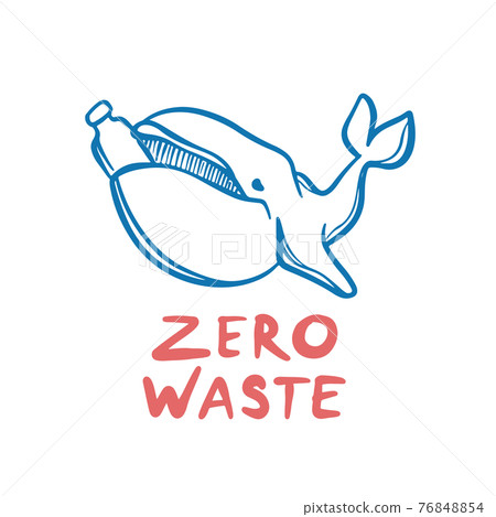ZERO WASTE KIT Ecological Environmental Pollution Problem Whale Holds Plastic Bottle In Mouth With Handwriting Text Clip Art Vector Illustration Set For Print 76848854