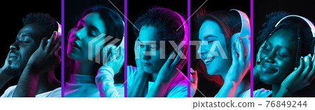 Collage of five young men and women isolated on dack background in neon Collage of five young men and women isolated on dack background in neon 76849244