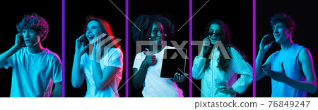 Collage of five young men and women isolated on dack background in neon Collage of five young men and women isolated on dack background in neon 76849247
