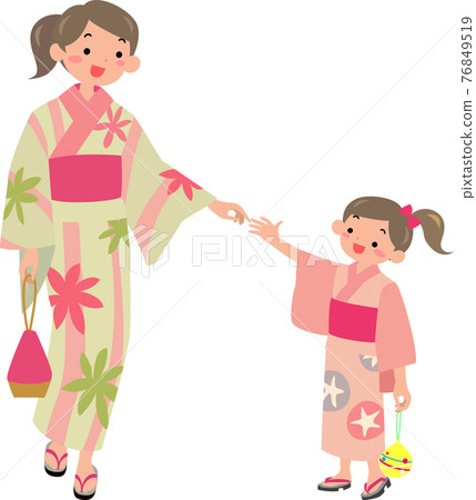穿著浴衣的媽媽和女孩 穿著浴衣的媽媽和女孩 76849519