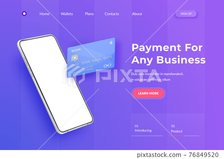 White realistic smartphone and plastic credit card. 3d mobile phone with blank white screen and bank card with chip. Credit card landing page on blue background White realistic smartphone and plastic credit card. 3d mobile phone with blank white screen and bank card with chip. Credit card landing page on blue background 76849520