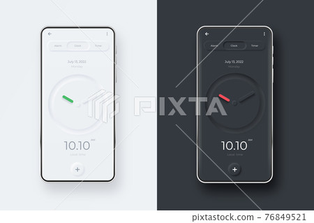 Neumorphic UI kit on smartphone screen. Clock on black and white smartphone template. Mobile interface app. UI template 76849521