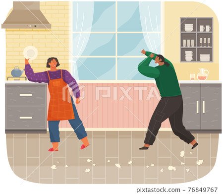 Aggression and abuse in family. Angry people beat dishes in kitchen at home. Family conflict Aggression and abuse in family. Angry people beat dishes in kitchen at home. Family conflict 76849767