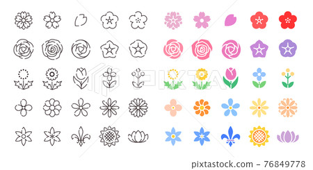 25 Icon Set No.17 (Flower) Color / Line Drawing 76849778