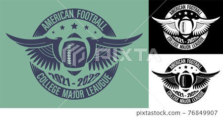 symbol, emblem of sports american football ball in circle of ribbons and wings for competition. Team sports. Active lifestyle. Vector 76849907