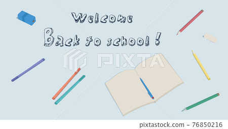 Welcome Back to school concept with school witn note book, pencils, pen, sharpener on blue background. design template for banner, poster. Education concept vector illustration. 76850216