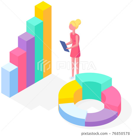 Woman studies statistics shown on bar chart. Female character while working with statistical graph Woman studies statistics shown on bar chart. Female character while working with statistical graph 76850578