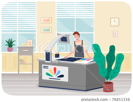 Man working in typography at print to printer. Polygraphy employee character, electronic equipment Man working in typography at print to printer. Polygraphy employee character, electronic equipment 76851338