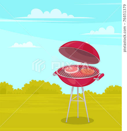 Round barbeque on stand with red bottom and lid. Meat is fried on hot coals on wire rack outdoors 76851379
