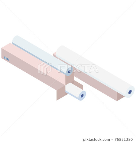 Stacked pile of print house products, large sheets of rolled paper, documents in cardboard boxes 76851380