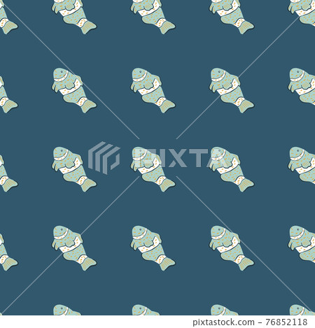 Marine fauna seamless pattern with light blue clown fish elements print. Dark navy blue background. 76852118