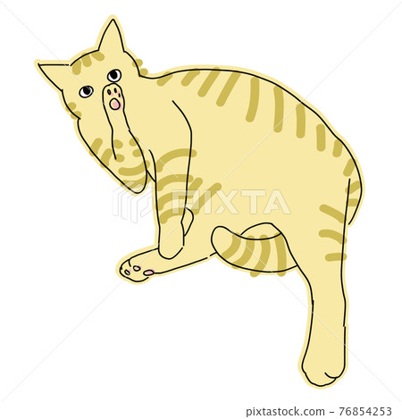 Full-body illustration of a tea tiger cat grooming 76854253