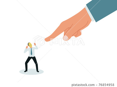 Fear of exposure. A large hand points at the impostor. Frightened businessman in a mask. Vector illustration. Fear of exposure. A large hand points at the impostor. Frightened businessman in a mask. Vector illustration. 76854958