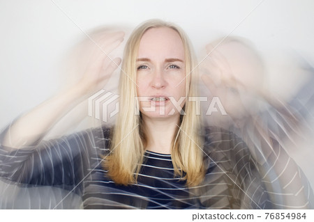 Woman loses consciousness and falls down due to dizziness and disturbance of the vestibular apparatus. Severe headache and migraine. Concept of helping people suffering from migraines and dizziness 76854984