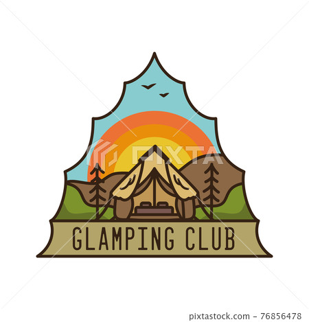 Glamping club logo, glamp adventure emblem design with mountains, tent, sunrise and trees. Unusual vintage art style sticker. Stock vector label isolated 76856478