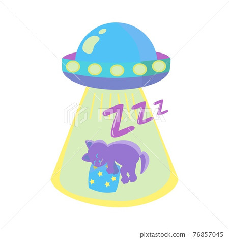 UFO kidnaps sleepping cat cartoon isolated illustration on white background UFO kidnaps sleepping cat cartoon isolated illustration on white background 76857045
