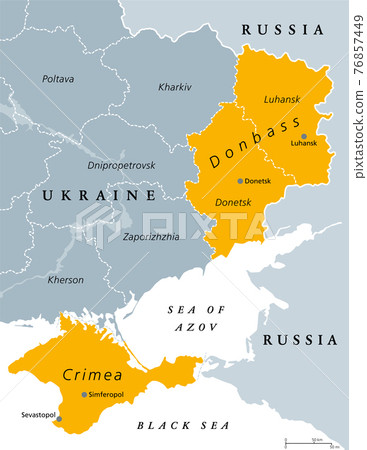 Donbass and Crimea, political map. Crimea peninsula on the coast of Black Sea, and Donbass region, formed by Donetsk and Luhansk region. Disputed areas between Ukraine and Russia. Illustration. Vector Donbass and Crimea, political map. Crimea peninsula on the coast of Black Sea, and Donbass region, formed by Donetsk and Luhansk region. Disputed areas between Ukraine and Russia. Illustration. Vector 76857449