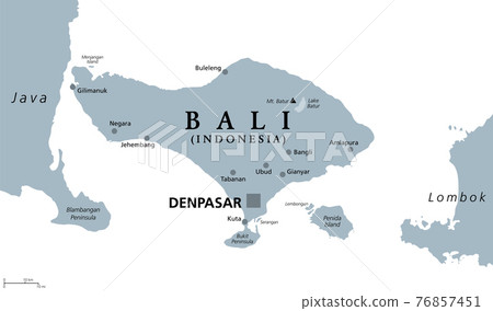 Bali, gray political map. A province and island of Indonesia, the westernmost of Lesser Sunda Islands, east of Java, west of Lombok. The only Hindu-majority province in Indonesia. Illustration. Vector 76857451