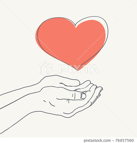 Heart in hands, vector illustration. Heart symbol in two abstract hands. Concept poster on aged paper background. 76857560