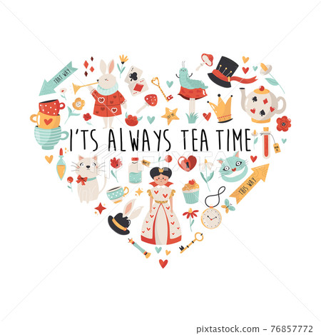 Colorful compositions with characters, symbols of Alice in Wonderland. Vector design, illustration 76857772